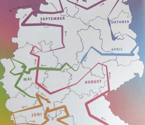 Deutschlandkarte mit eingezeichneter Stecke des Kinderlebenslaufs mit dem Motto Inklusion in Aktiondes Kinderhospiz e.V.